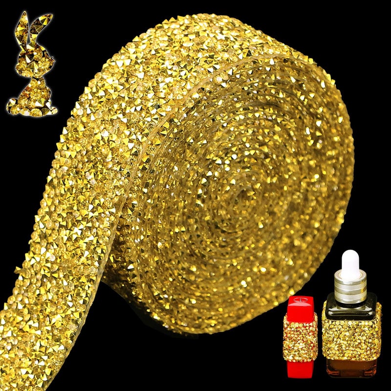 Locacrystal Bling Rhinestones Ribbon SelfAdhesive Iron on Resin Diamond Crystal Ribbon Wrap Roll DIY Rhinestone Stickers for Wedding Clothing Cars Crafts Dress DecorationGold118inch x 3yard - Image 3