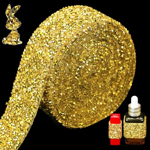 Locacrystal Bling Rhinestones Ribbon SelfAdhesive Iron on Resin Diamond Crystal Ribbon Wrap Roll DIY Rhinestone Stickers for Wedding Clothing Cars Crafts Dress DecorationGold118inch x 3yard - Image 1