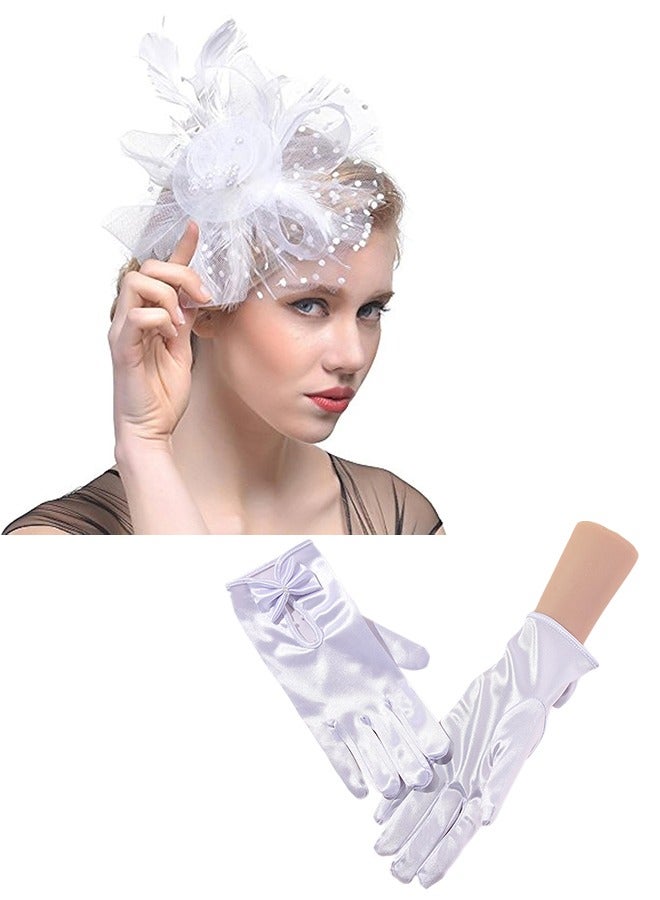 Mesh Feather Bow Veil Hair Clip Glove Set,White 