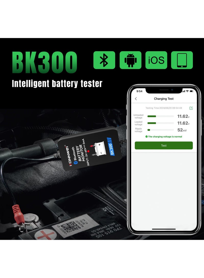 Konnwei جهاز مراقبة البطارية اللاسلكي BK300 ومختبر النظام الكهربائي BT 5.0 جهاز اختبار البطارية الذكي اختبار شكل الموجة لبدء التشغيل واختبار الشحن واكتساب الجهد لـ 12V 24V البطاريات المغمورة، AGM، المسطحة، الحلزونية، EFB، VRLA، GEL، الليثيوم - Image 3