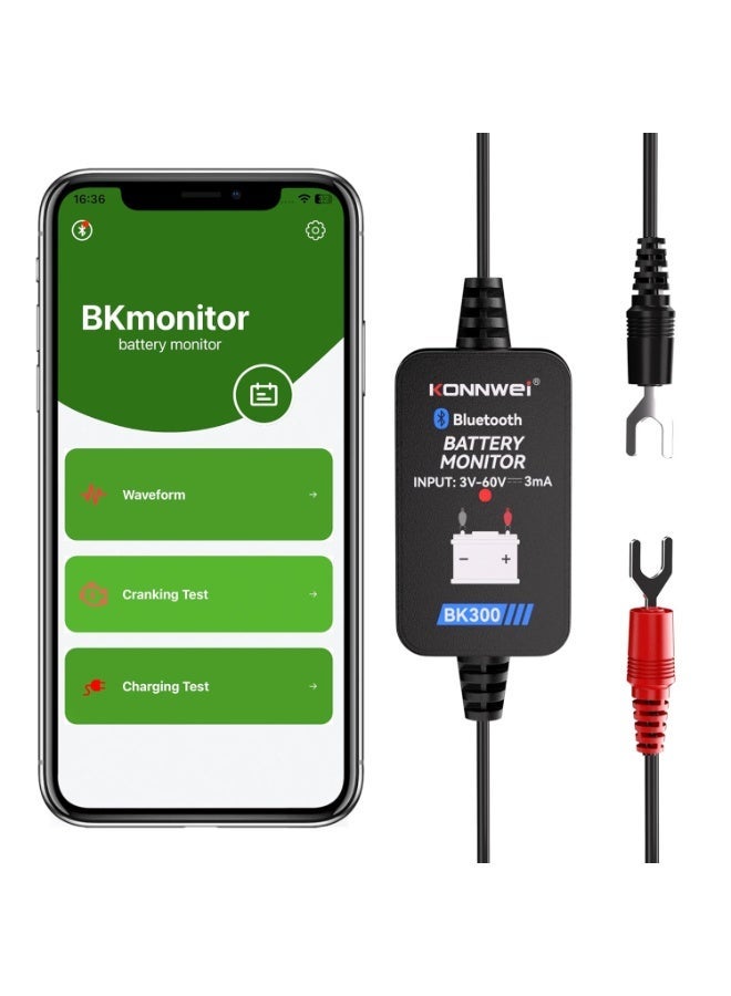 Konnwei جهاز مراقبة البطارية اللاسلكي BK300 ومختبر النظام الكهربائي BT 5.0 جهاز اختبار البطارية الذكي اختبار شكل الموجة لبدء التشغيل واختبار الشحن واكتساب الجهد لـ 12V 24V البطاريات المغمورة، AGM، المسطحة، الحلزونية، EFB، VRLA، GEL، الليثيوم - Image 1