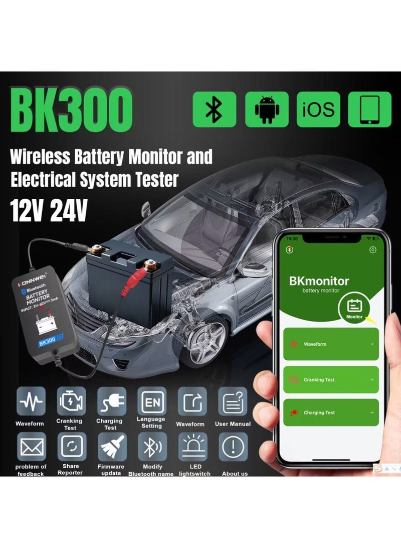 Konnwei جهاز مراقبة البطارية اللاسلكي BK300 ومختبر النظام الكهربائي BT 5.0 جهاز اختبار البطارية الذكي اختبار شكل الموجة لبدء التشغيل واختبار الشحن واكتساب الجهد لـ 12V 24V البطاريات المغمورة، AGM، المسطحة، الحلزونية، EFB، VRLA، GEL، الليثيوم - Image 2