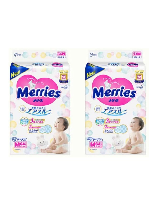 Merries diapers M64 pcs,6-11kg, Ultra-thin breathable diapers for both girls and boys,Pack of 2 - Image 1