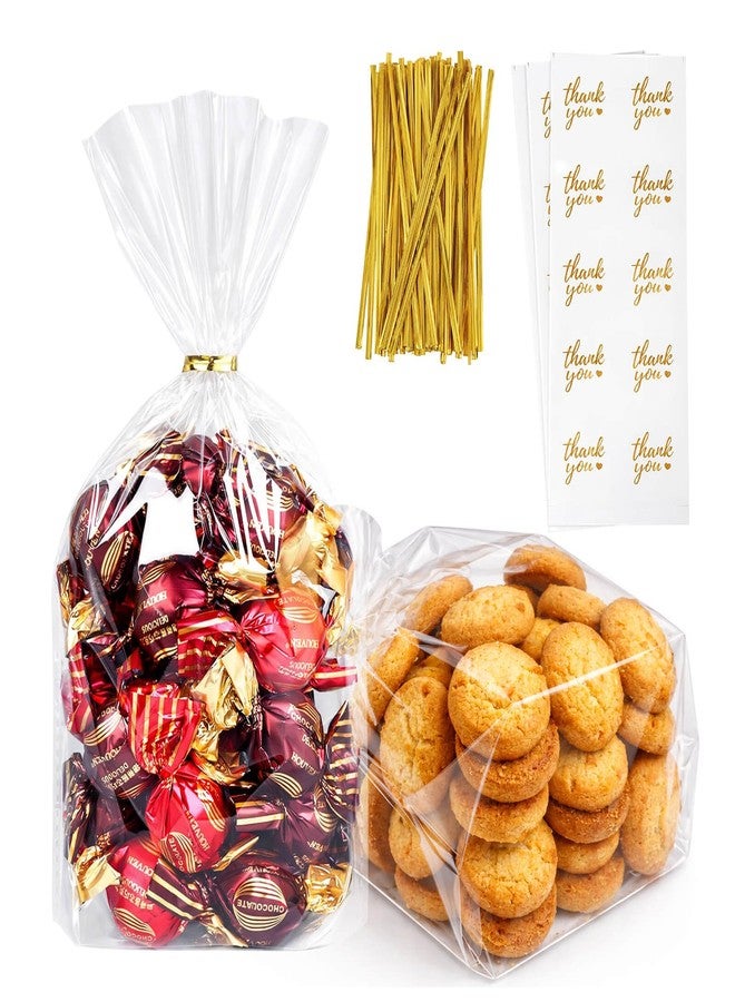 Cherodada Clear Cellophane Treat Bags with Ties, 6"x 9" (100 pcs) Bottom Gusset Bags for Gift Wrapping, Party Favors, Candies, Cookies, Chocolates, Popcorn - Image 1