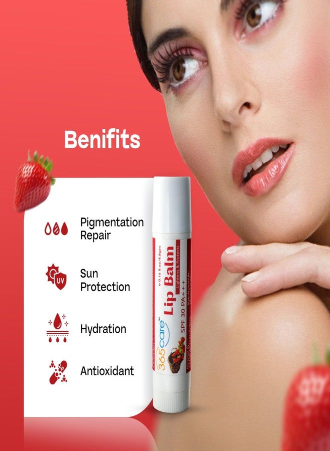365 كير مرطب شفاه 365Care بنكهة الفراولة لتفتيح الشفاه الداكنة مع عامل حماية من الشمس SPF 30 PA+++ | حماية من الشمس وترطيب | مرطب شفاه غني بحمض الكوجيك وفيتامين E وزبدة الشيا | للرجال والنساء | 4.8 غرام - Image 4
