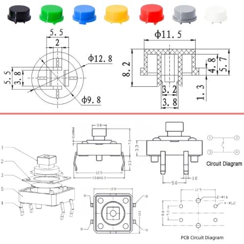 EGSCST 120PCS 12x12x7.3 mm Tact Tactile Push Button Switch Kit, 4 Pin Yellow Momentary SMD PCB Switches Set with 7 Color Arduino Buttons Caps for DIY Electronics Projects, PCB Prototyping - Image 5