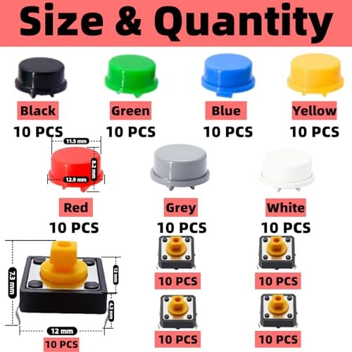 EGSCST 120PCS 12x12x7.3 mm Tact Tactile Push Button Switch Kit, 4 Pin Yellow Momentary SMD PCB Switches Set with 7 Color Arduino Buttons Caps for DIY Electronics Projects, PCB Prototyping - Image 2