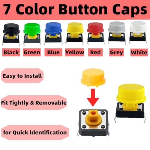 EGSCST 120PCS 12x12x7.3 mm Tact Tactile Push Button Switch Kit, 4 Pin Yellow Momentary SMD PCB Switches Set with 7 Color Arduino Buttons Caps for DIY Electronics Projects, PCB Prototyping - Image 3