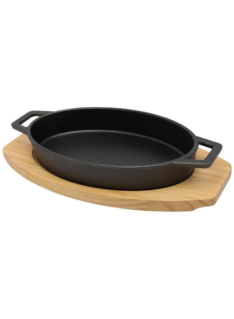 مقلاة من الحديد الزهر بيضاوية الشكل مقاس 24سم*15سم مع مقابض جانبية و قاعدة خشبية | صينية للتحمير و الطبخ و الشواء من الحديد المصبوب أمنة للاستخدام في الفرن - Image 2