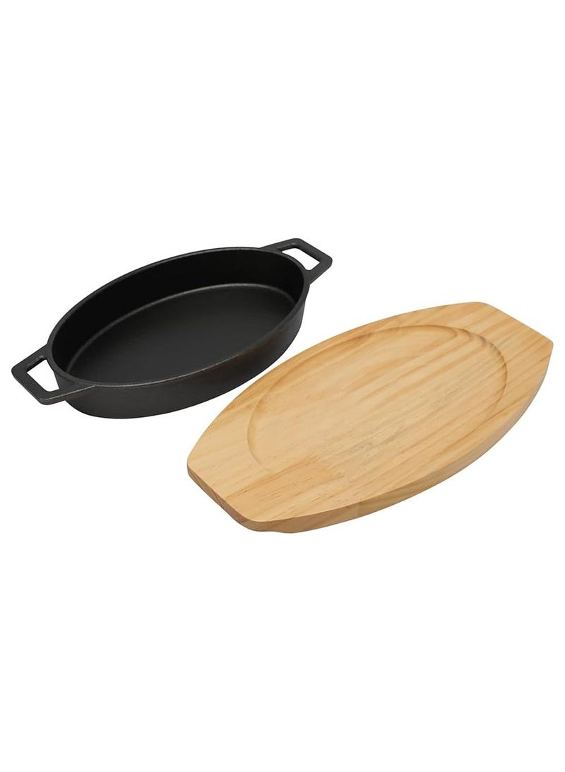 مقلاة من الحديد الزهر بيضاوية الشكل مقاس 24سم*15سم مع مقابض جانبية و قاعدة خشبية | صينية للتحمير و الطبخ و الشواء من الحديد المصبوب أمنة للاستخدام في الفرن - Image 3