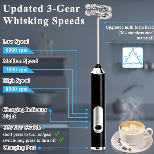 Primesky® Milk Frother Coffee frother Electric USB Rechargeable3-Speed Electric Frother for Coffee with Whisk and Frother Mixer,Stand-up Design for Cream Whisk Milk frother Stainless Steel - Image 2