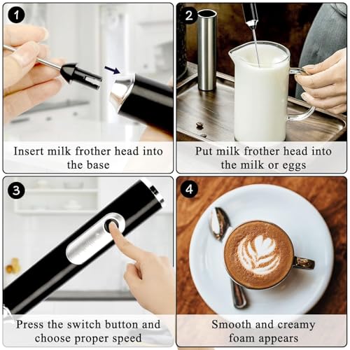 Primesky® Milk Frother Coffee frother Electric USB Rechargeable3-Speed Electric Frother for Coffee with Whisk and Frother Mixer,Stand-up Design for Cream Whisk Milk frother Stainless Steel - Image 4