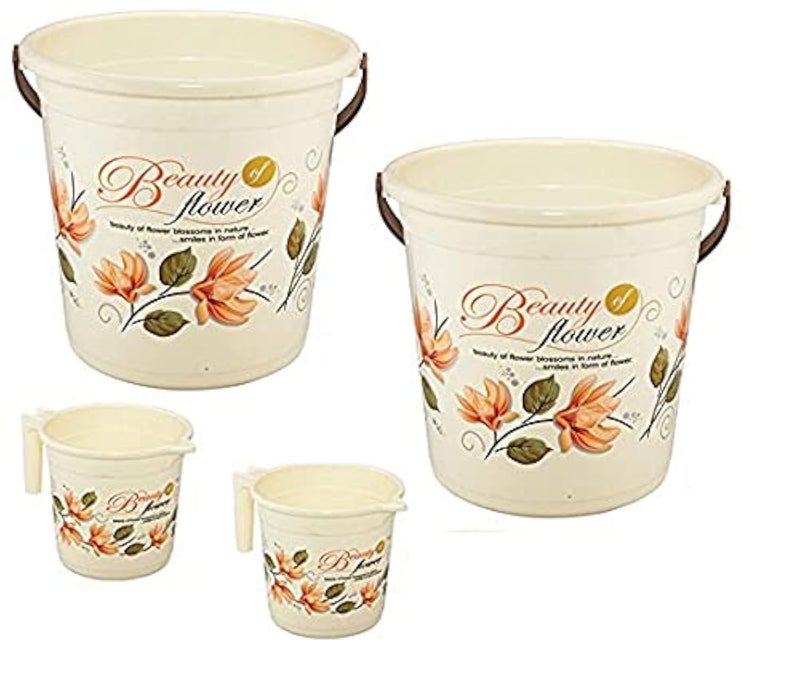 Hevea Plastic Bathroom Bucket 20 Liters & Mug1L with New Flower Printed Set of 2 (Brown) - Image 1