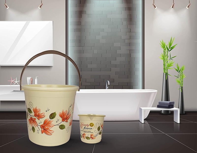Hevea Plastic Bathroom Bucket 20 Liters & Mug1L with New Flower Printed Set of 2 (Brown) - Image 5
