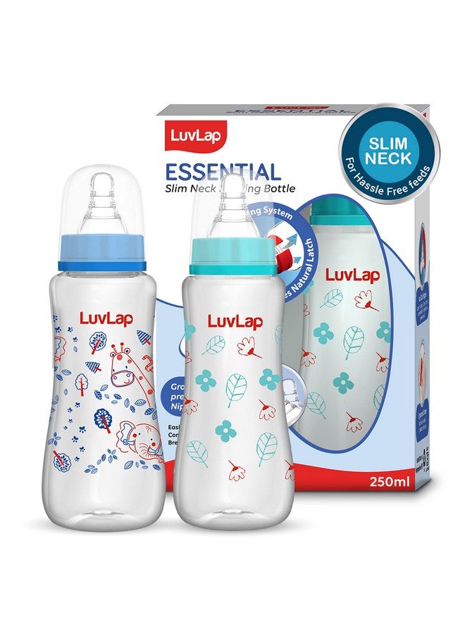 Luvlap Anti-Colic Slim/Regular Neck Essential Baby Feeding Bottle, 250Ml (Pack Of 2), New Born/Infants/Toddler Upto 3 Years, Jungle Tales & Wild Flowers, Bpa Free,Blue  - Image 1