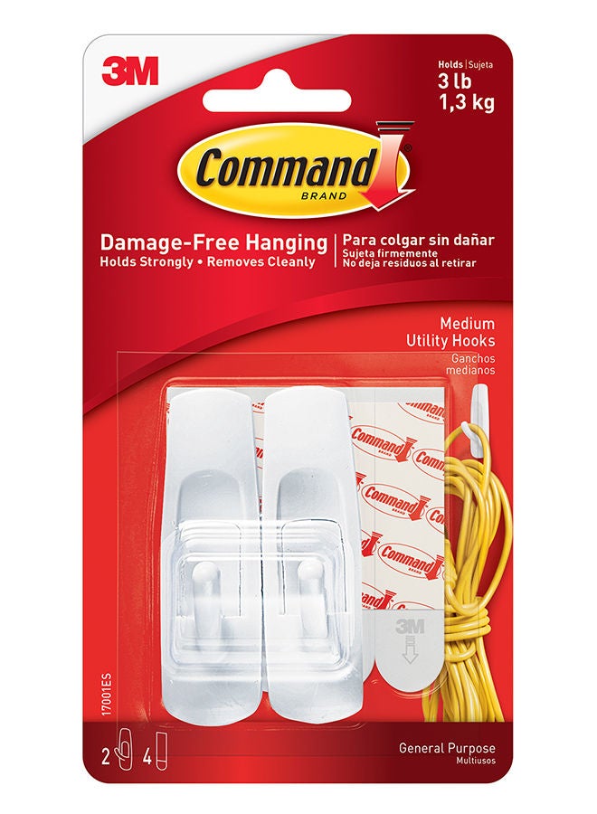 Command 17001ES Utility Hooks, medium, Holds 1.36 Kg. each hook, white color. 2 hooks and 4 strips/pack - Image 1