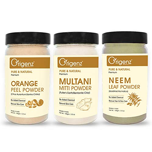 Origenz Orange Peel, Multani Mitti and Neem Leaves Powders for Healthy Skin, Nourishment, Mask, Helps to Control Tanning, Acne Pimple | 300gm - Image 1