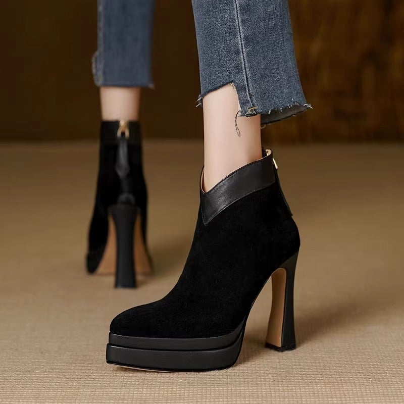 2025 Pointed Comfortable Thin Heel High Heel Boots Waterproof Platform Rear Zipper Brown V-Mouth Frosted Ankle Boots - Image 1