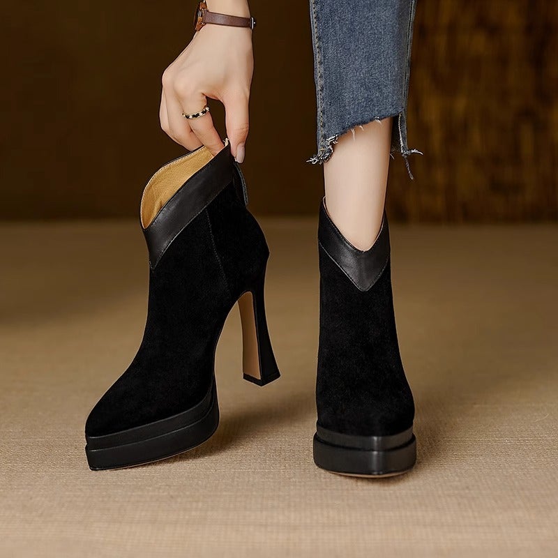 2025 Pointed Comfortable Thin Heel High Heel Boots Waterproof Platform Rear Zipper Brown V-Mouth Frosted Ankle Boots - Image 5