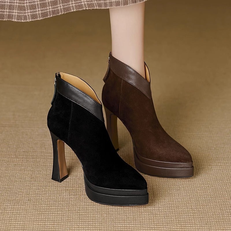 2025 Pointed Comfortable Thin Heel High Heel Boots Waterproof Platform Rear Zipper Brown V-Mouth Frosted Ankle Boots - Image 3