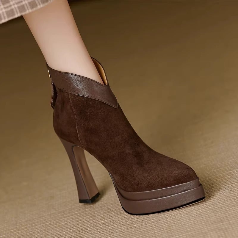 2025 Pointed Comfortable Thin Heel High Heel Boots Waterproof Platform Rear Zipper Brown V-Mouth Frosted Ankle Boots - Image 2