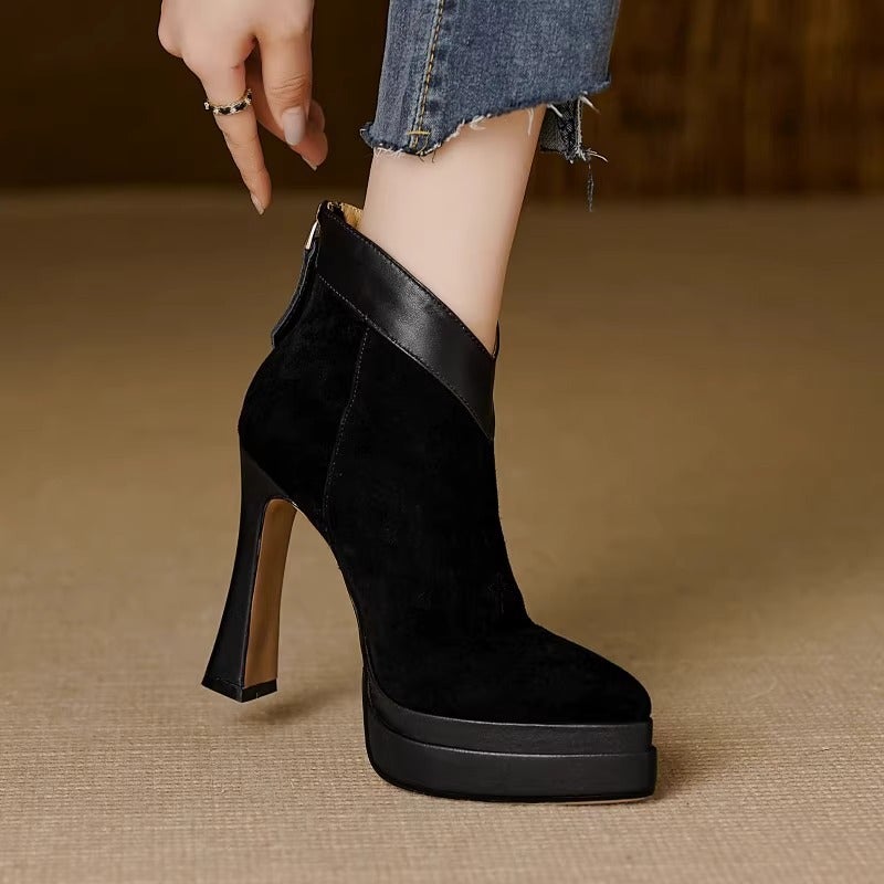 2025 Pointed Comfortable Thin Heel High Heel Boots Waterproof Platform Rear Zipper Brown V-Mouth Frosted Ankle Boots - Image 4
