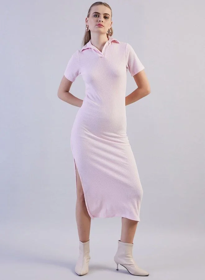 Women Regular Fit Solid Shirt Collar Short Sleeve Long Polo Collar Dress