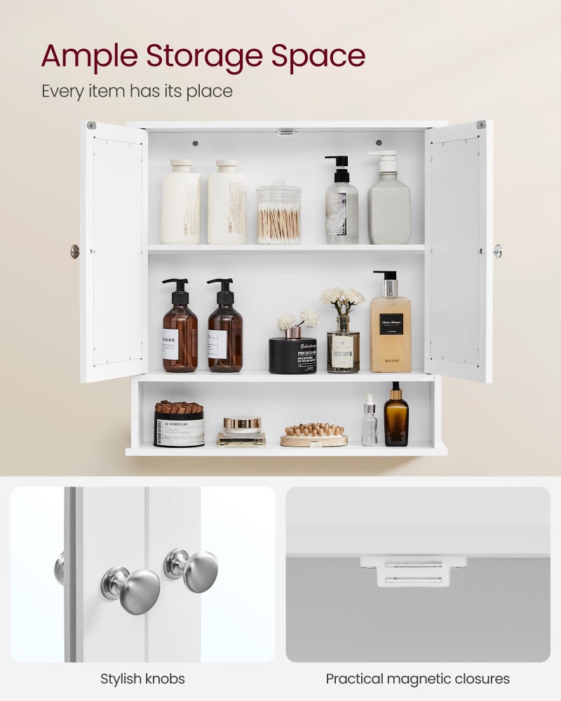 VASAGLE Bathroom Cabinet with Mirror, Wall Cabinet with 2 Mirrored Doors, Adjustable Shelf, Open Compartment, Wall-Mounted, 5.1 x 22.2 x 23 Inches, White ULHC002 - Image 4