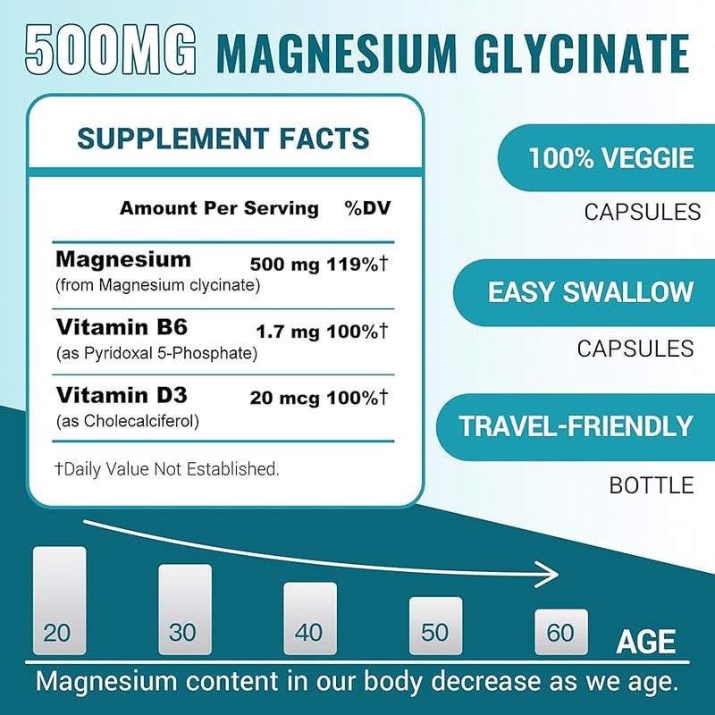 ZEBORA Magnesium Glycinate 500mg, High Absorption Magnesium Supplement with Vitamins B6 & D3, Chelated Magnesium Glycinate Capsules for Muscle, Heart, Calm & Immune Health, Non-Buffered, 120 Capsules - Image 2
