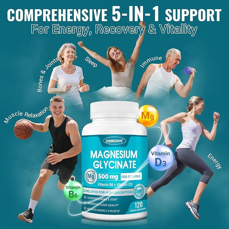 ZEBORA Magnesium Glycinate 500mg, High Absorption Magnesium Supplement with Vitamins B6 & D3, Chelated Magnesium Glycinate Capsules for Muscle, Heart, Calm & Immune Health, Non-Buffered, 120 Capsules - Image 3