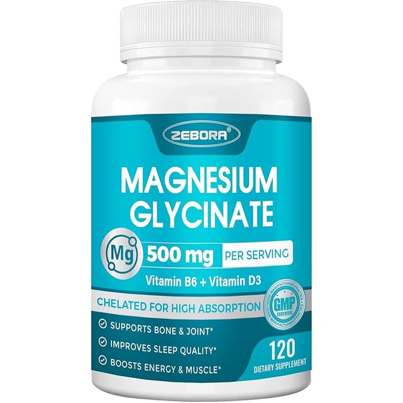 ZEBORA Magnesium Glycinate 500mg, High Absorption Magnesium Supplement with Vitamins B6 & D3, Chelated Magnesium Glycinate Capsules for Muscle, Heart, Calm & Immune Health, Non-Buffered, 120 Capsules - Image 1