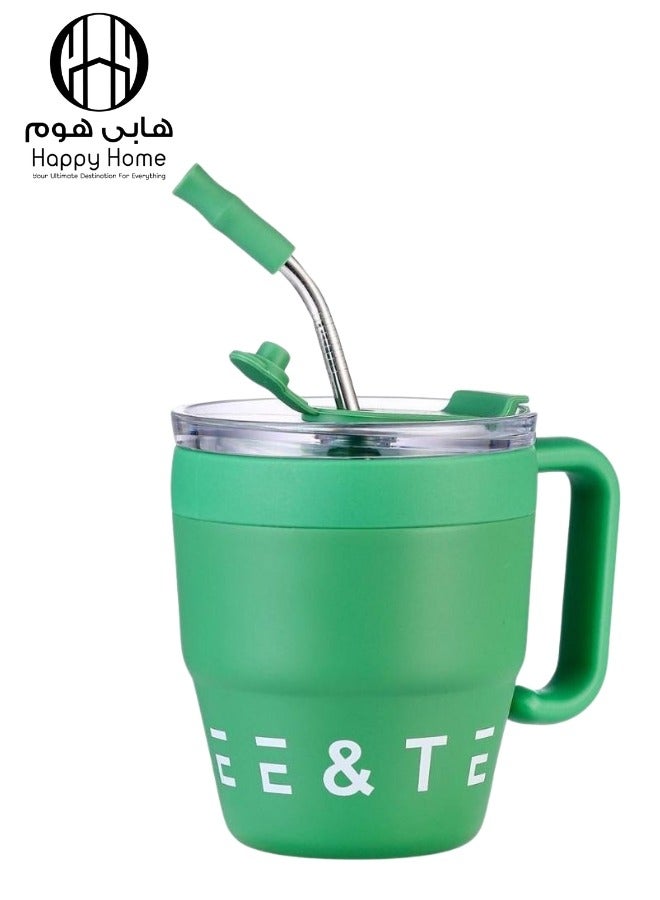 هابي هوم كوب قهوة حراري مع غطاء وماصه من الاستانلس ستيل 480 ملزجاجة حرارية مقاومة للتسرب، كوب شاي وقهوة، قارورة مفرغة من الهواء، أكواب معزولة (أخضر) - Image 1