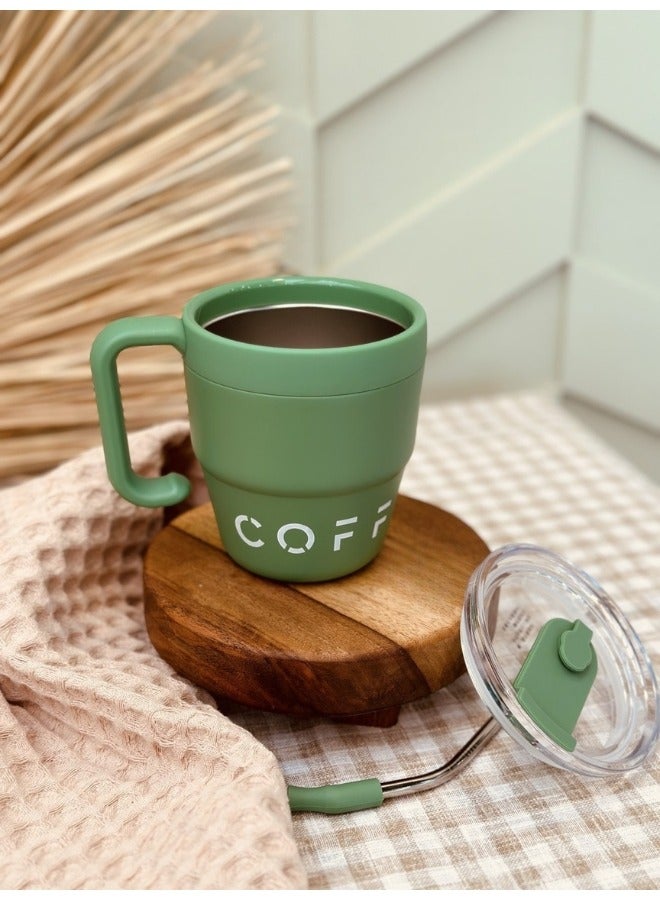 هابي هوم كوب قهوة حراري مع غطاء وماصه من الاستانلس ستيل 480 ملزجاجة حرارية مقاومة للتسرب، كوب شاي وقهوة، قارورة مفرغة من الهواء، أكواب معزولة (أخضر) - Image 2