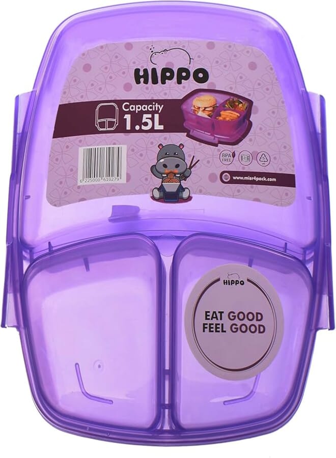 Hippo Mini Lunch Box, 1.5 Liter Capacity, Purple