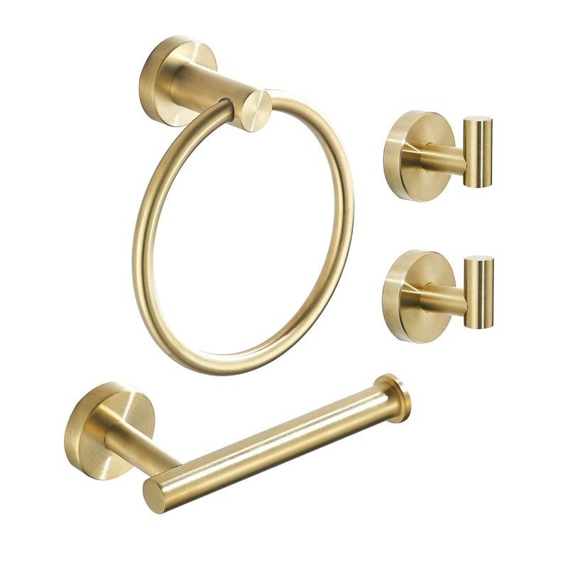 FAIRGIA Gold Bathroom Hardware Set Brushed Gold Toilet Paper Holder Towel Ring and 2 Robe Hook Bathroom Accessories Hand Towel Holder Kit Wall Mount Stainless Steel 4 Pieces