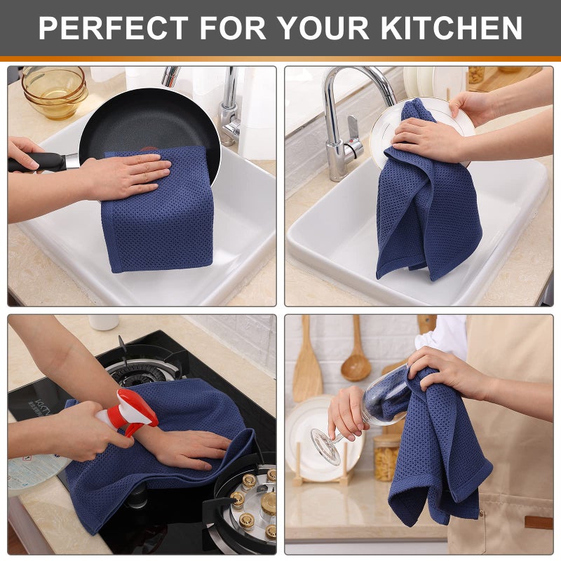 Kitinjoy 100% Cotton Waffle Weave Kitchen Towels  4-Pack Super Soft and Absorbent Kitchen Dish Towels for Drying Dishes  Kitchen Hand Towels  13 in x 28 in  Navy Blue - Image 4