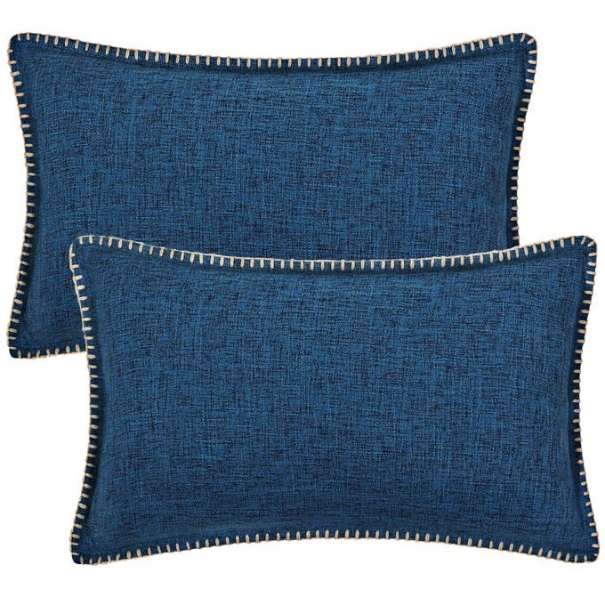 DECORATIVE OUTDOOR THROW PILLOW COVERS 12X20 SET OF 2 LUMBAR LINEN RUSTIC NEUTRAL FARMHOUSE PILLOW COVERS WITH STITCHED EDGE FOR COUCH SOFA LIVING ROOM DARK BLUE