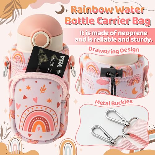 2ooya Water Bottle Carrier Bag with Strap for Kids - Boho Rainbow Water Bottle Bag Holder with Padded Strap Pocket 10/12/14/16/18Oz Neoprene Insulated Bottle Bag for Boys Girls School Walking Hiking Camping - Image 4