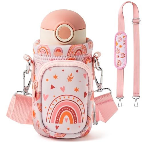2ooya Water Bottle Carrier Bag with Strap for Kids - Boho Rainbow Water Bottle Bag Holder with Padded Strap Pocket 10/12/14/16/18Oz Neoprene Insulated Bottle Bag for Boys Girls School Walking Hiking Camping - Image 1