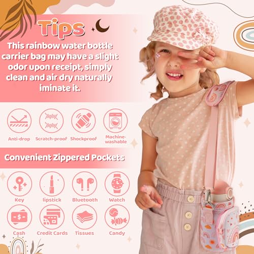 2ooya Water Bottle Carrier Bag with Strap for Kids - Boho Rainbow Water Bottle Bag Holder with Padded Strap Pocket 10/12/14/16/18Oz Neoprene Insulated Bottle Bag for Boys Girls School Walking Hiking Camping - Image 3