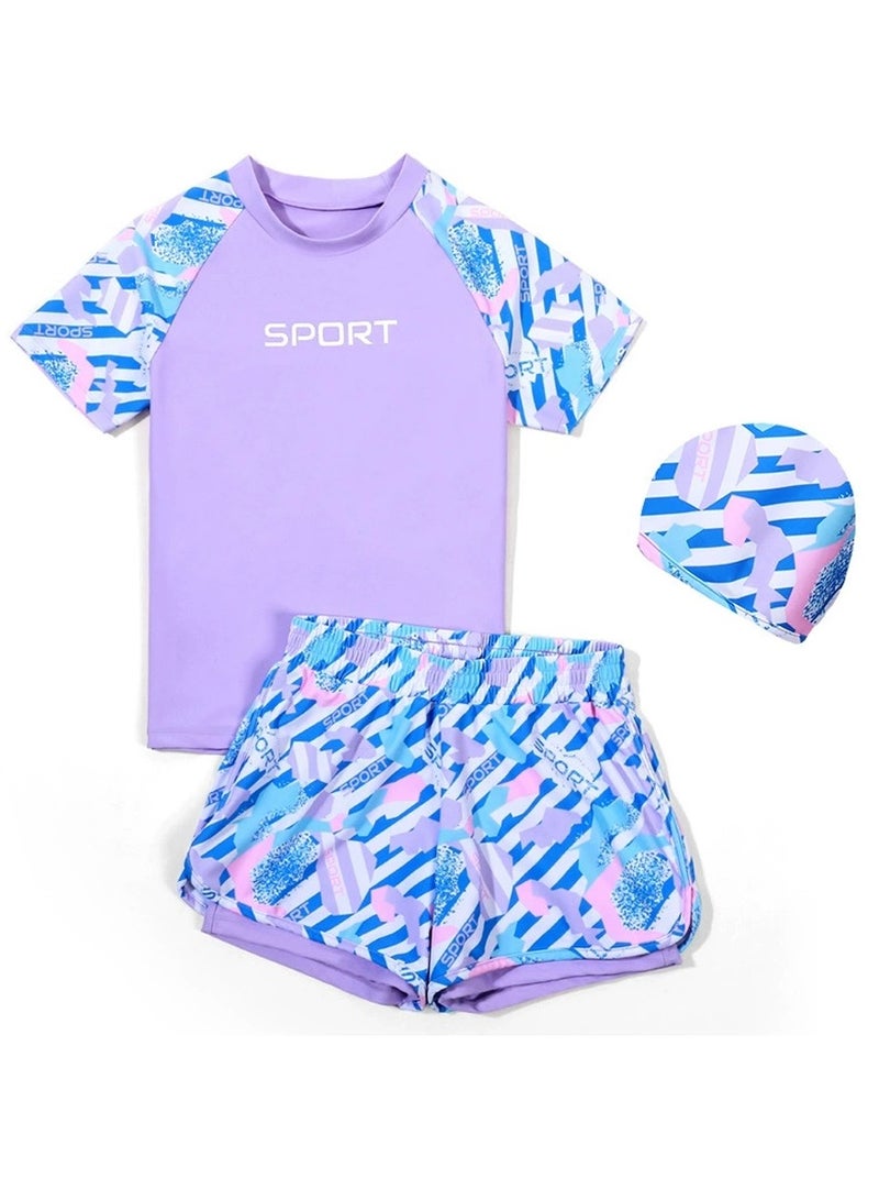 Loquat Girls Split Swimsuit Set Short Sleeve Swim Shirts,Double Layered Swim Trunks And Swim Cap Bathing Suits