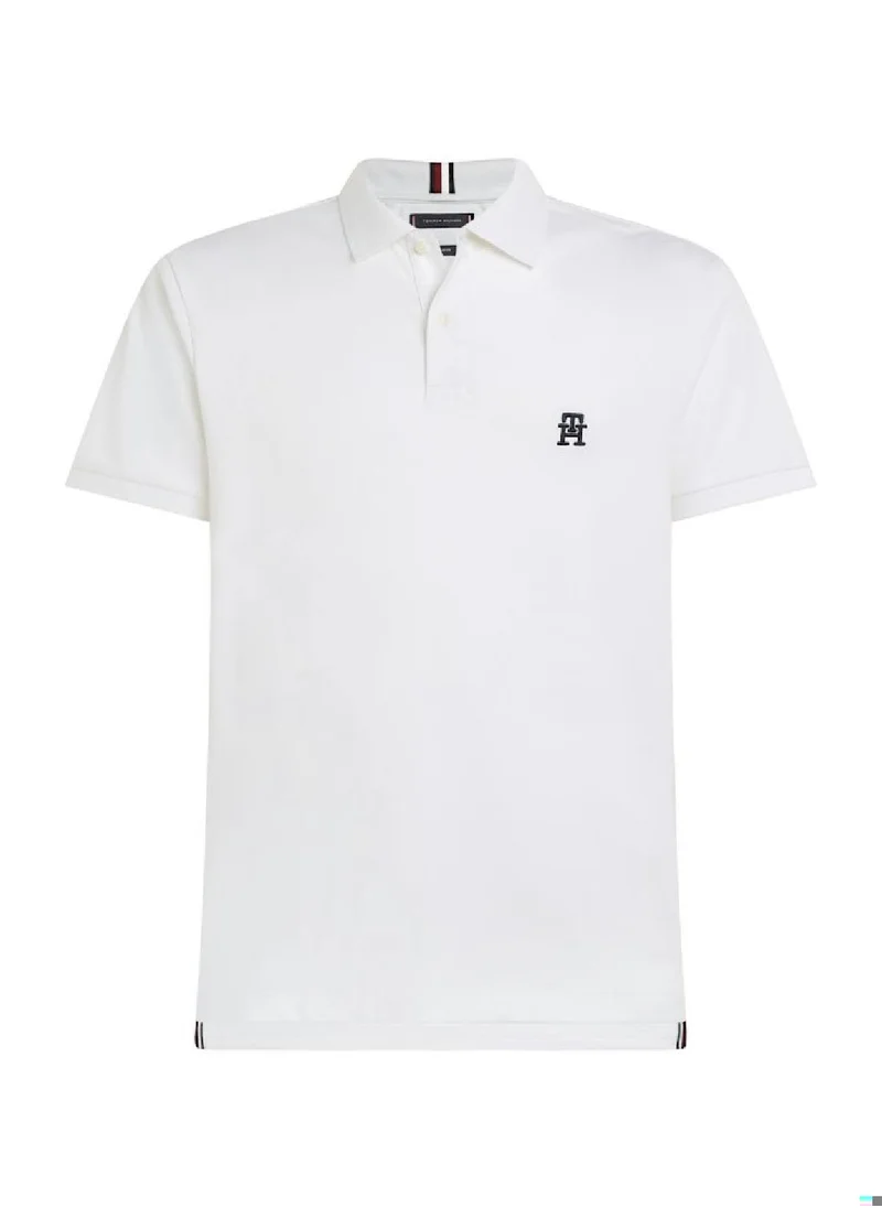 TOMMY HILFIGER Men's Th Monogram Embroidery Interlock Regular Polo -  Pure cotton interlock, White