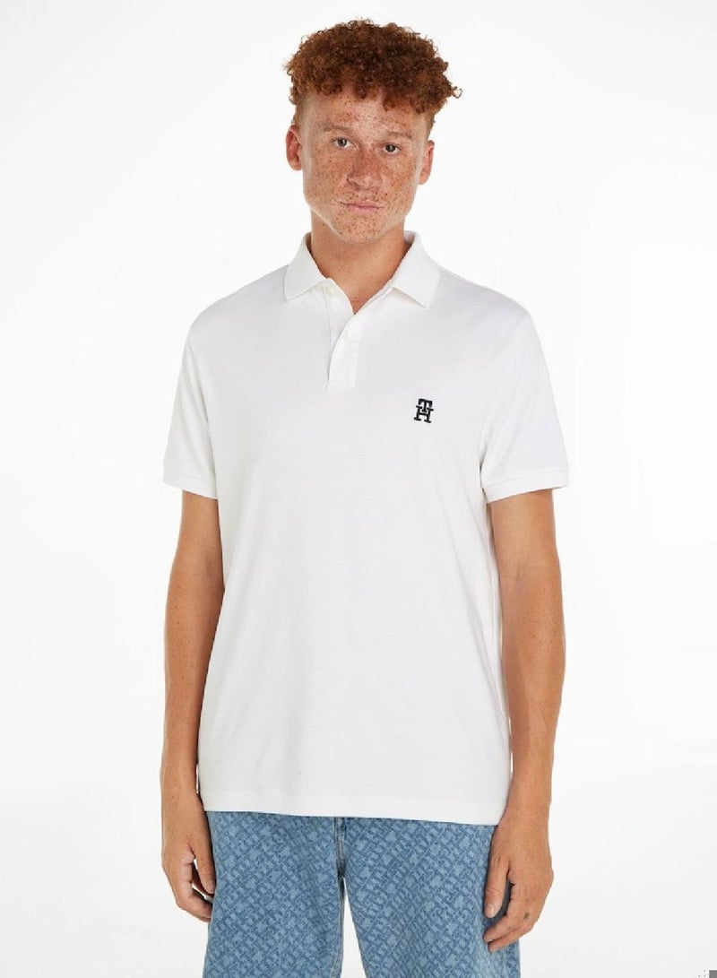 Men's Th Monogram Embroidery Interlock Regular Polo - Pure cotton interlock, White