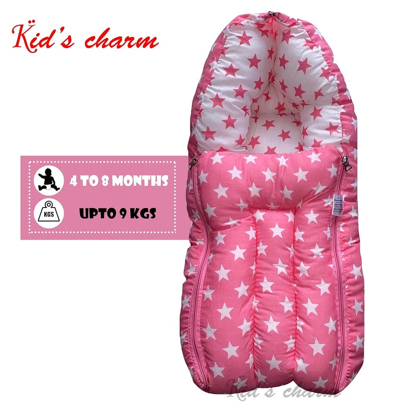 Kid's Charm Kids Charm Star 2 PCS Combo Set 3 in 1 Babys Cotton Cum Carry Bed2 in 1 Babys Cotton Bed with Mosquito Net for 48 Months Pink - Image 4
