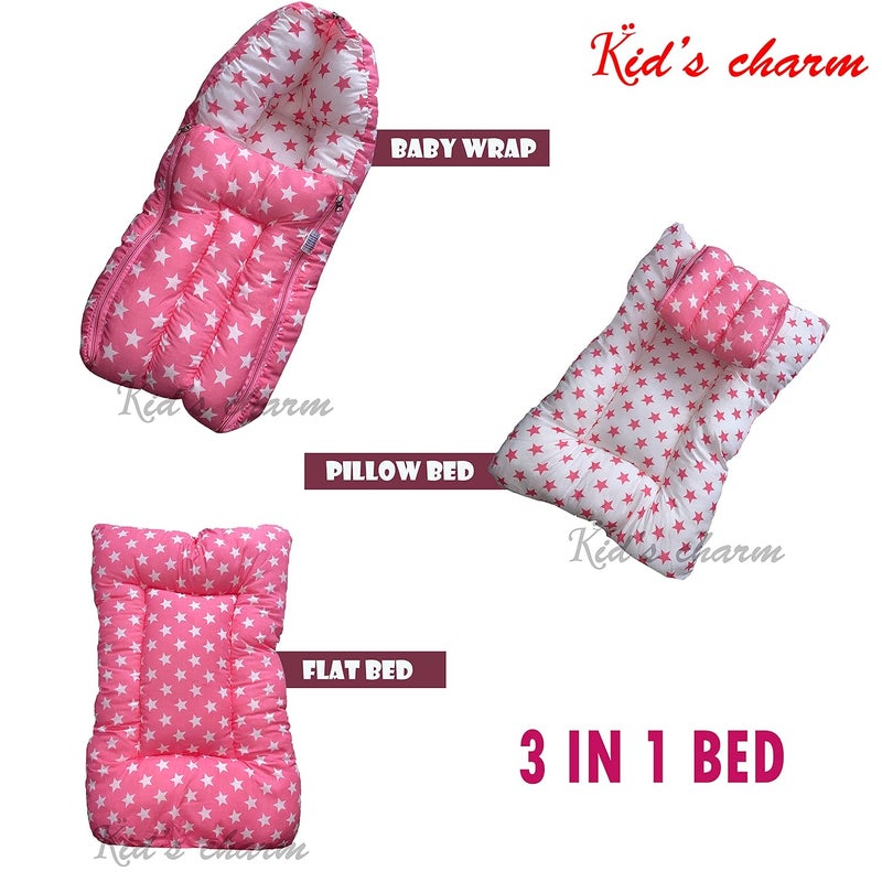 Kid's Charm Kids Charm Star 2 PCS Combo Set 3 in 1 Babys Cotton Cum Carry Bed2 in 1 Babys Cotton Bed with Mosquito Net for 48 Months Pink - Image 3