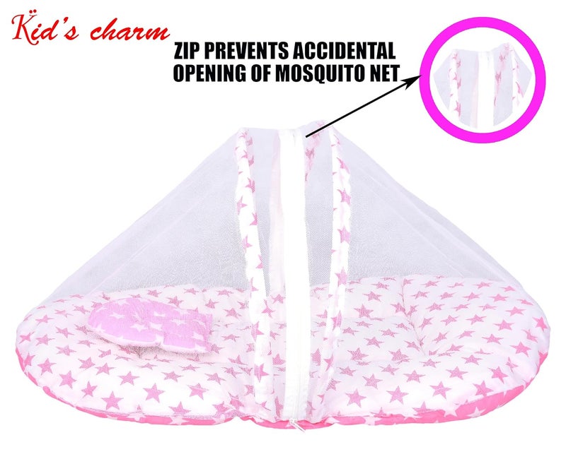 Kid's Charm Kids Charm Star 2 PCS Combo Set 3 in 1 Babys Cotton Cum Carry Bed2 in 1 Babys Cotton Bed with Mosquito Net for 48 Months Pink - Image 5