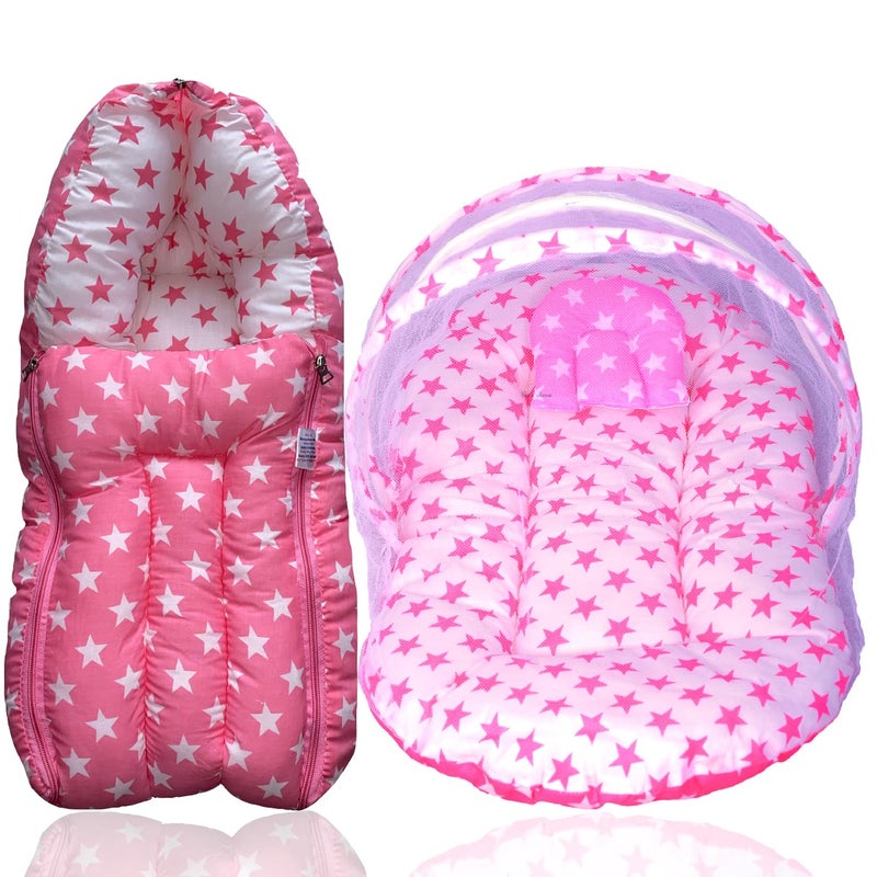 Kid's Charm Kids Charm Star 2 PCS Combo Set 3 in 1 Babys Cotton Cum Carry Bed2 in 1 Babys Cotton Bed with Mosquito Net for 48 Months Pink - Image 1
