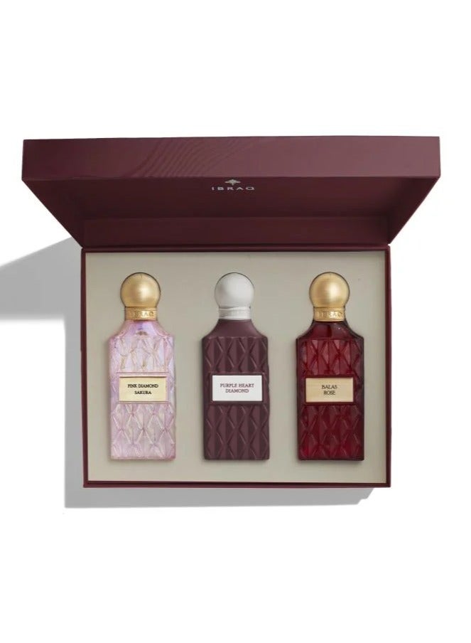 IBRAQ DIAMOND MAROON BOX – Pink Diamond Sakura, Purple Heart Diamond & Balas Rose Perfume Collection (75ml Each) - Image 4