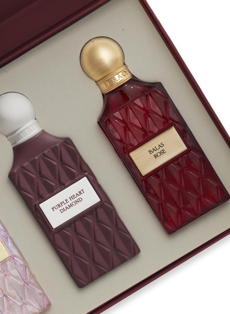 IBRAQ DIAMOND MAROON BOX – Pink Diamond Sakura, Purple Heart Diamond & Balas Rose Perfume Collection (75ml Each) - Image 3