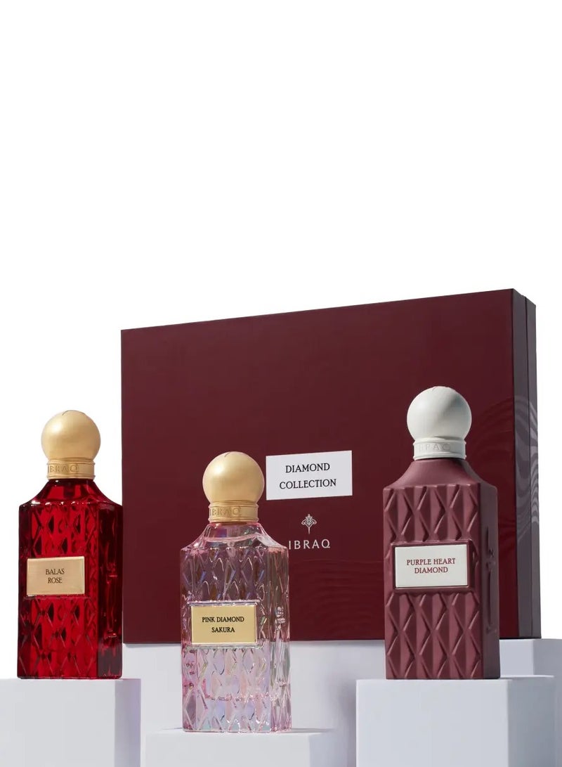 IBRAQ DIAMOND MAROON BOX – Pink Diamond Sakura, Purple Heart Diamond & Balas Rose Perfume Collection (75ml Each) - Image 1